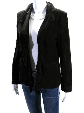 Gian Mori Women’s Suede Jacket with Ruffled Front Collar in Black Size Small